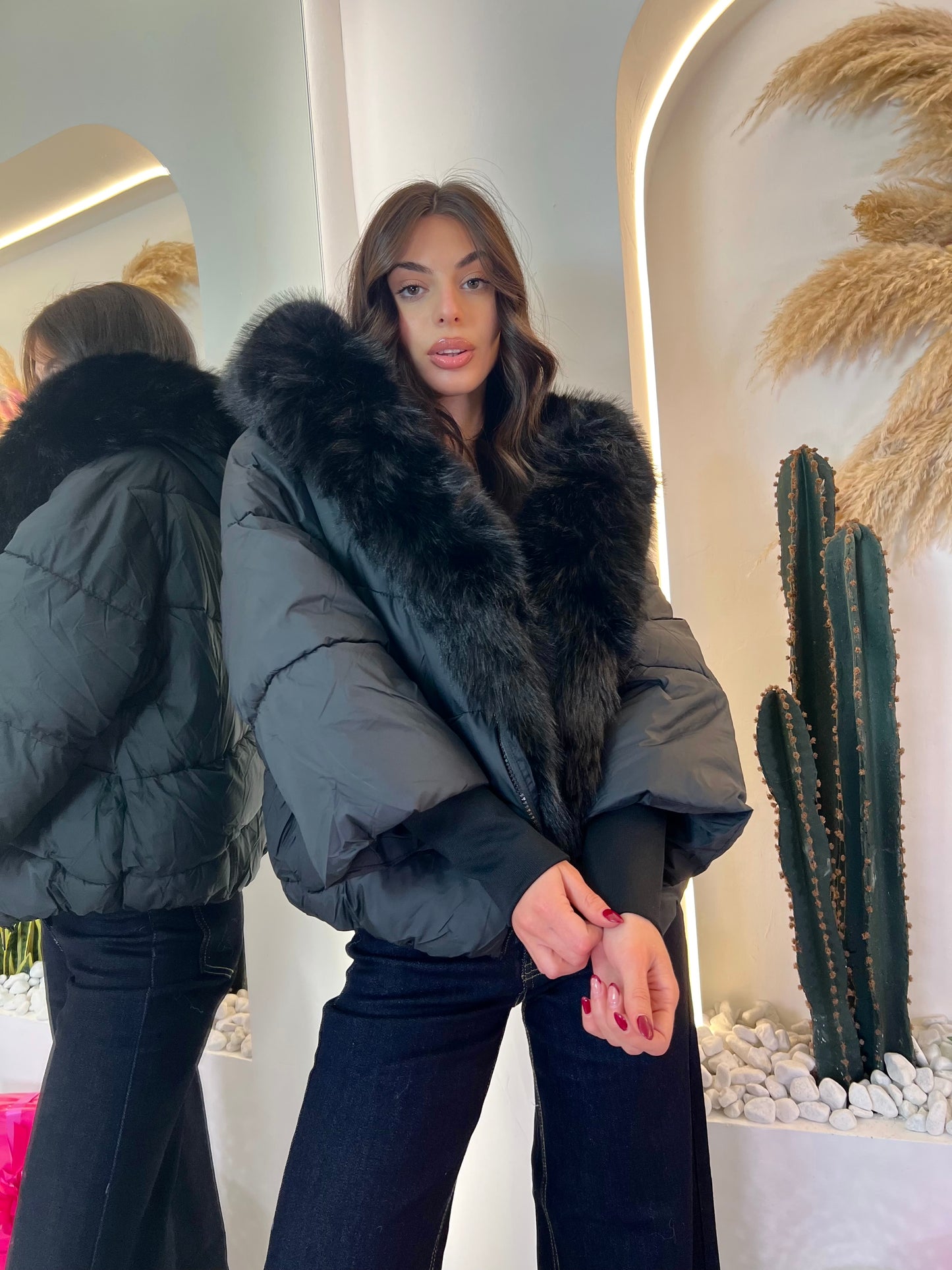 Piumino Con Cappuccio In Ecopelliccia