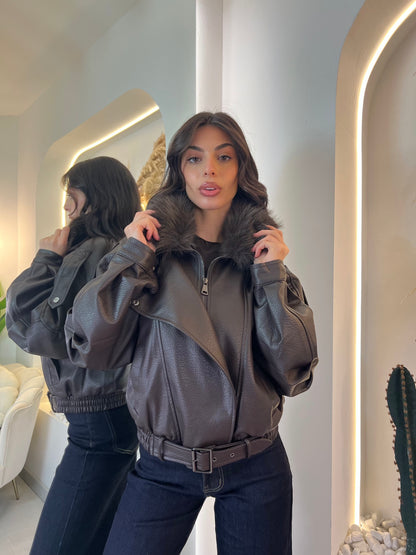 Giacca Ecopelle Con Cappuccio Ecopelliccia