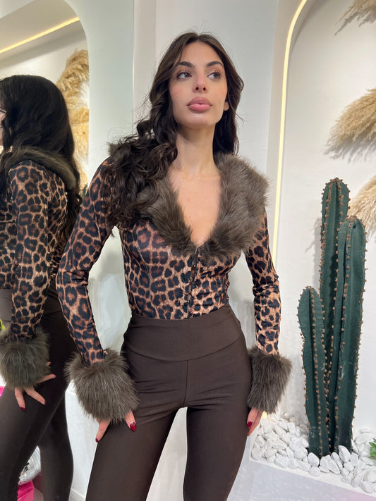 Top Maculato Con Collo In Ecopelliccia