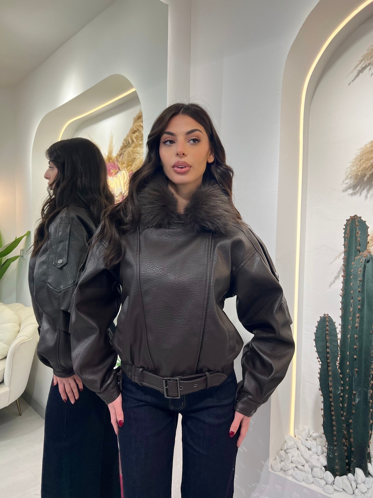 Giacca Ecopelle Con Cappuccio Ecopelliccia