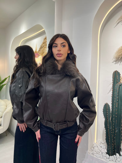 Giacca Ecopelle Con Cappuccio Ecopelliccia