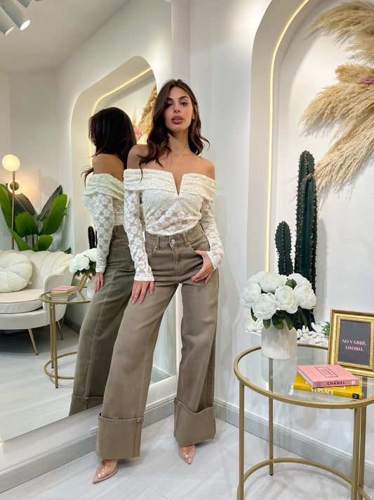 Jeans Wide Leg Con Risvolto